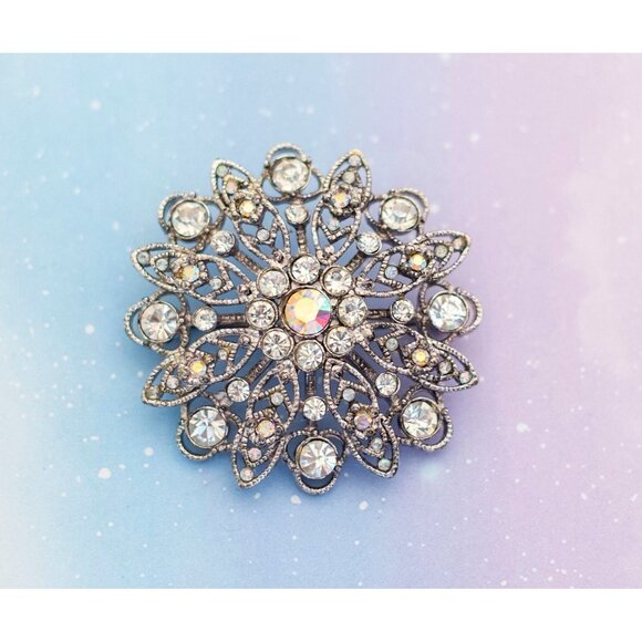 Art Deco Mandala Silver Iridescent Crystals Brooch| J4 - Picture 1 of 2